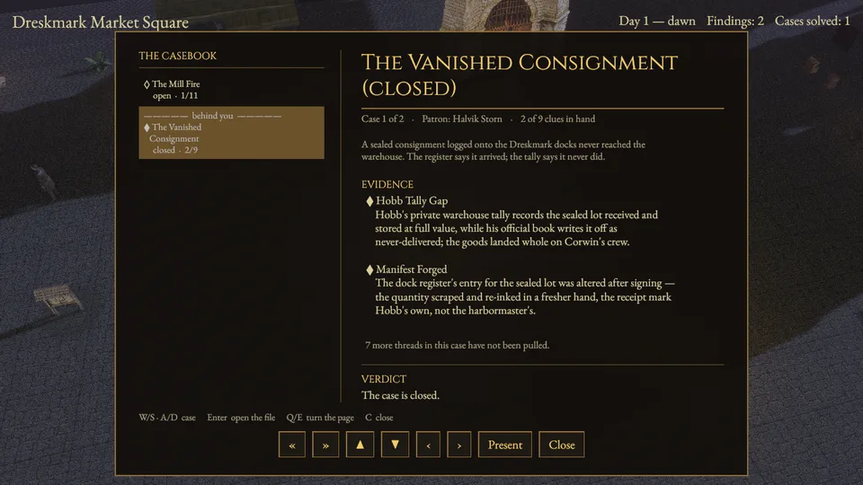 The casebook showing The Vanished Consignment closed