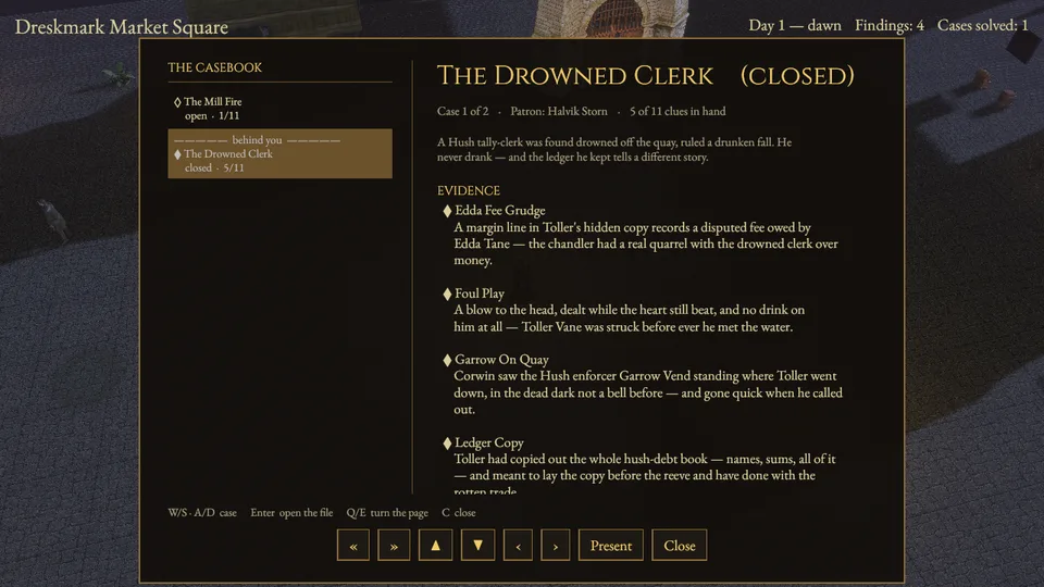 The casebook showing The Drowned Clerk closed