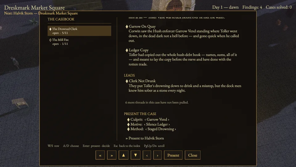 The The Drowned Clerk case sheet filled in, ready to present to Halvik Storn