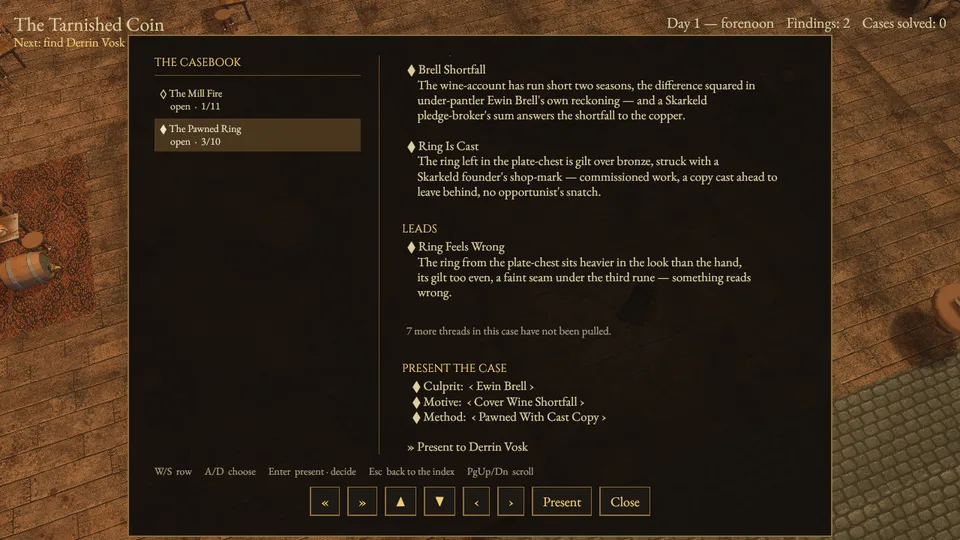 The The Pawned Ring case sheet filled in, ready to present to Derrin Vosk