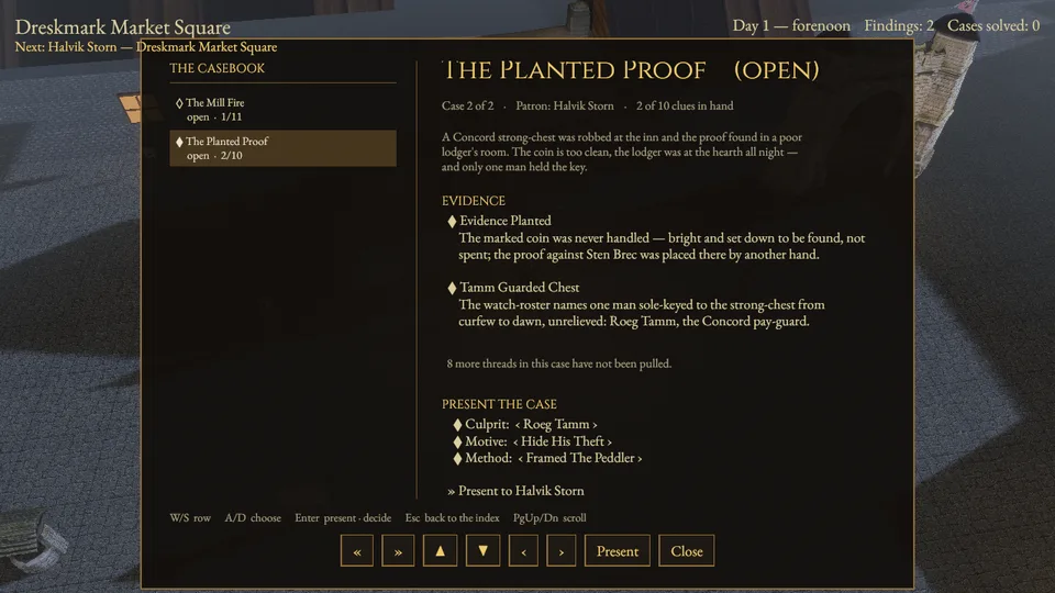 The The Planted Proof case sheet filled in, ready to present to Halvik Storn