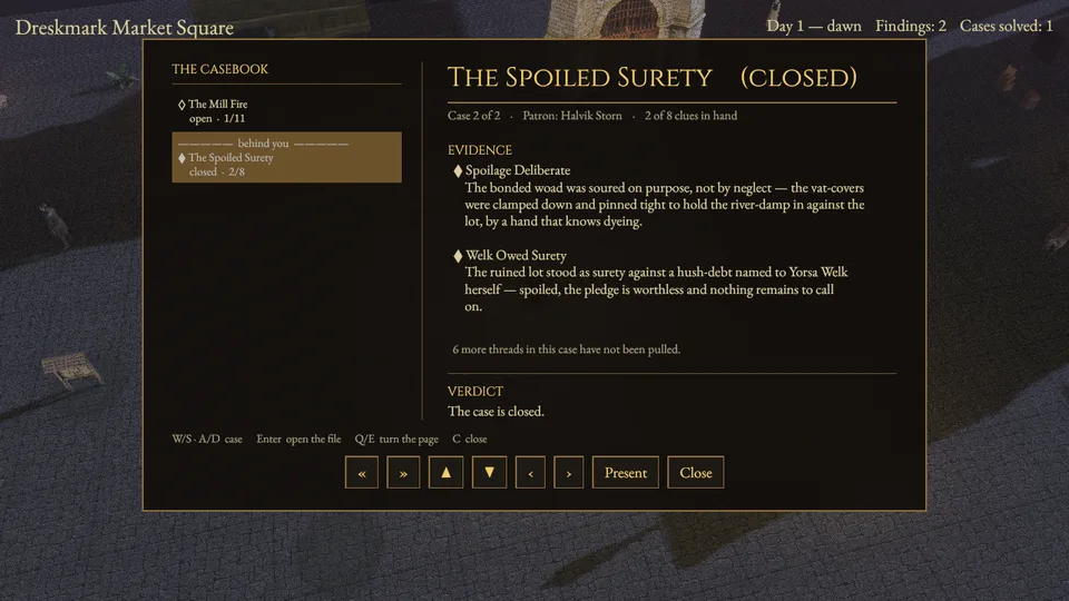 The casebook showing The Spoiled Surety closed