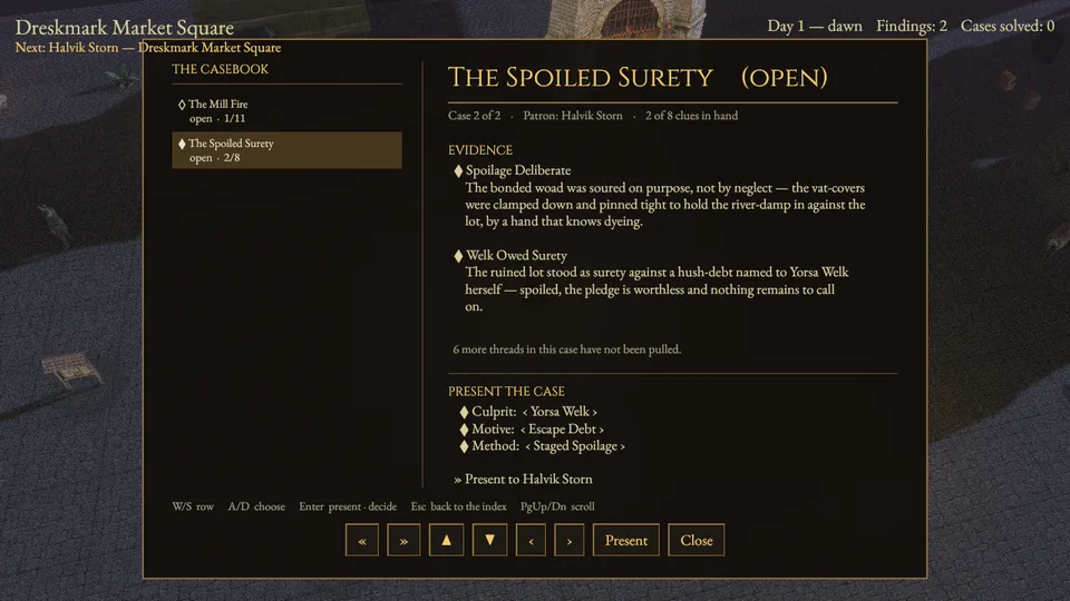 The The Spoiled Surety case sheet filled in, ready to present to Halvik Storn