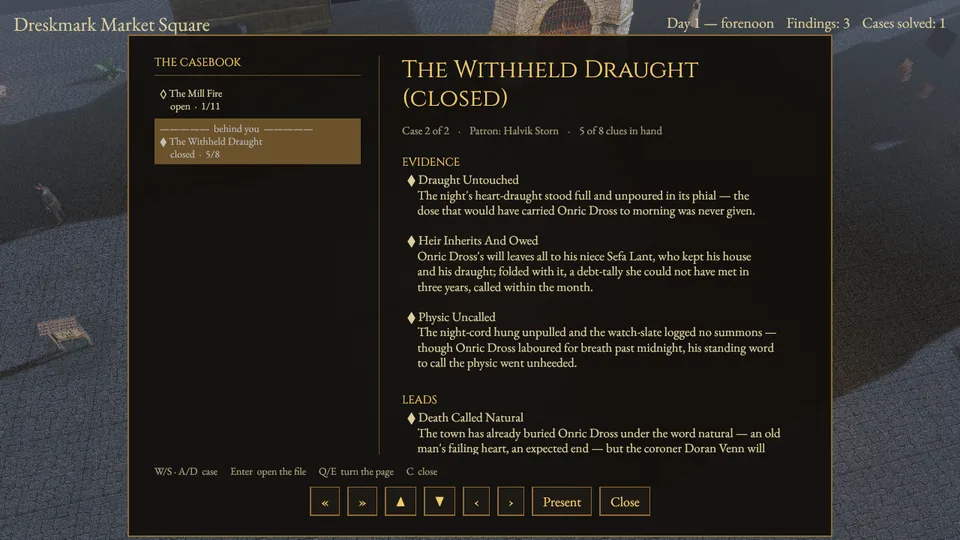 The casebook showing The Withheld Draught closed