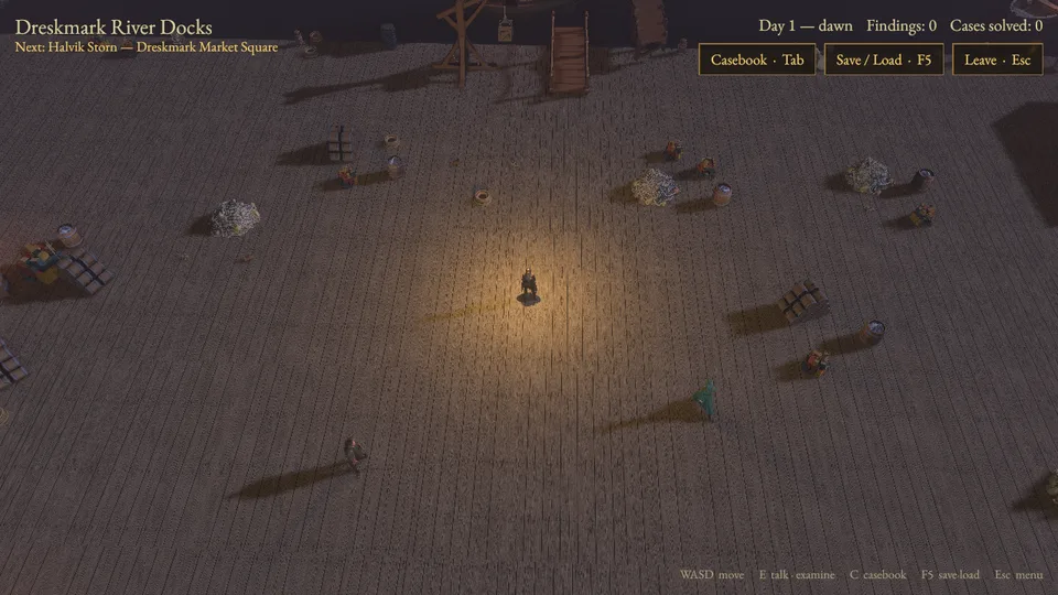 The River Docks at dawn on day 1, with the next step shown as Halvik Storn in the Market Square
