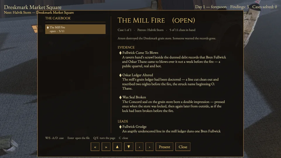 The casebook open on The Mill Fire, with three findings and a lead