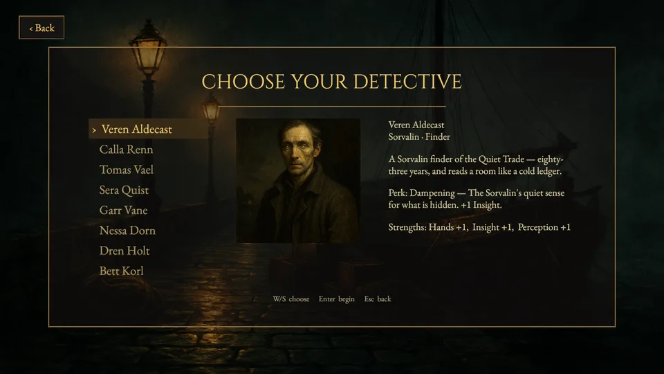 Choose your detective: eight heroes, with Veren Aldecast's portrait, perk and strengths