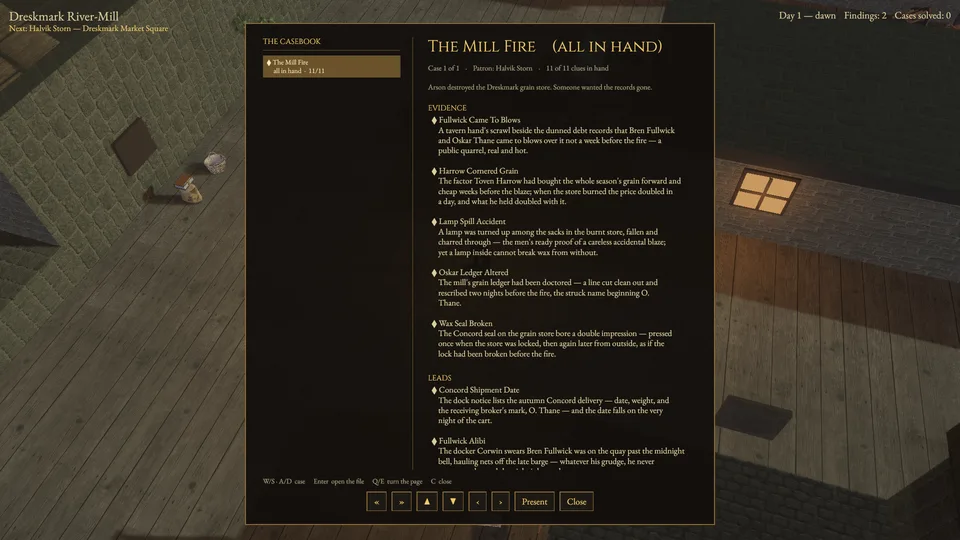 The casebook open on The Mill Fire with every clue in hand