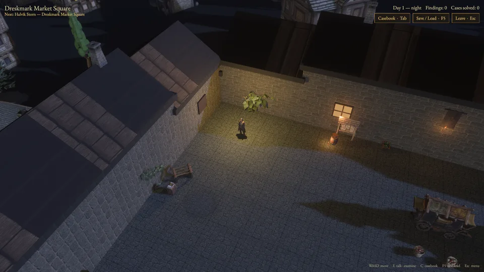 The market square at night under lamplight