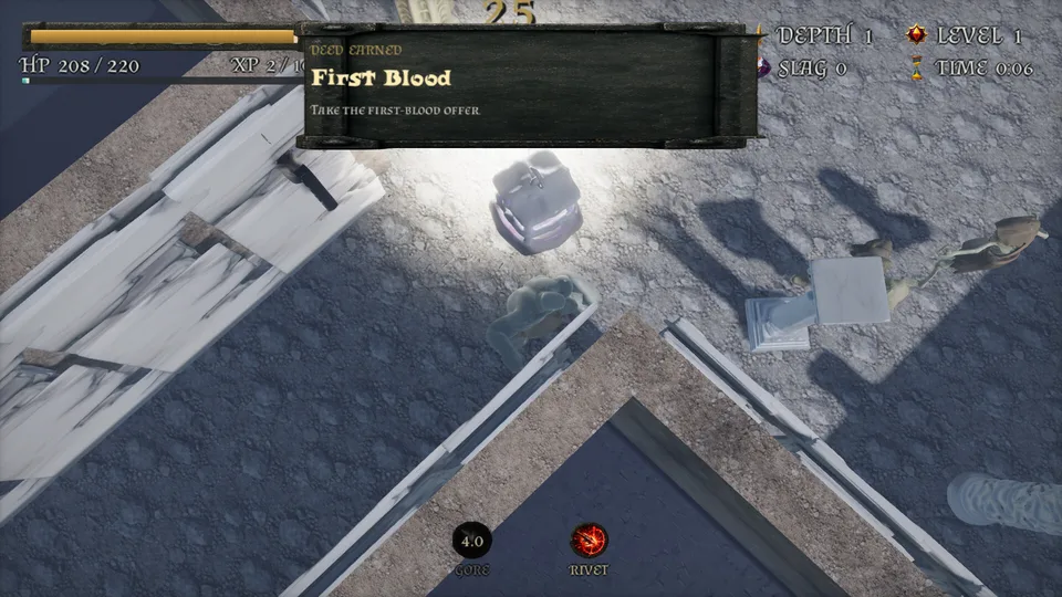 Depth 1: the hero among foes by a tomb wall, the First Blood deed notice at the top