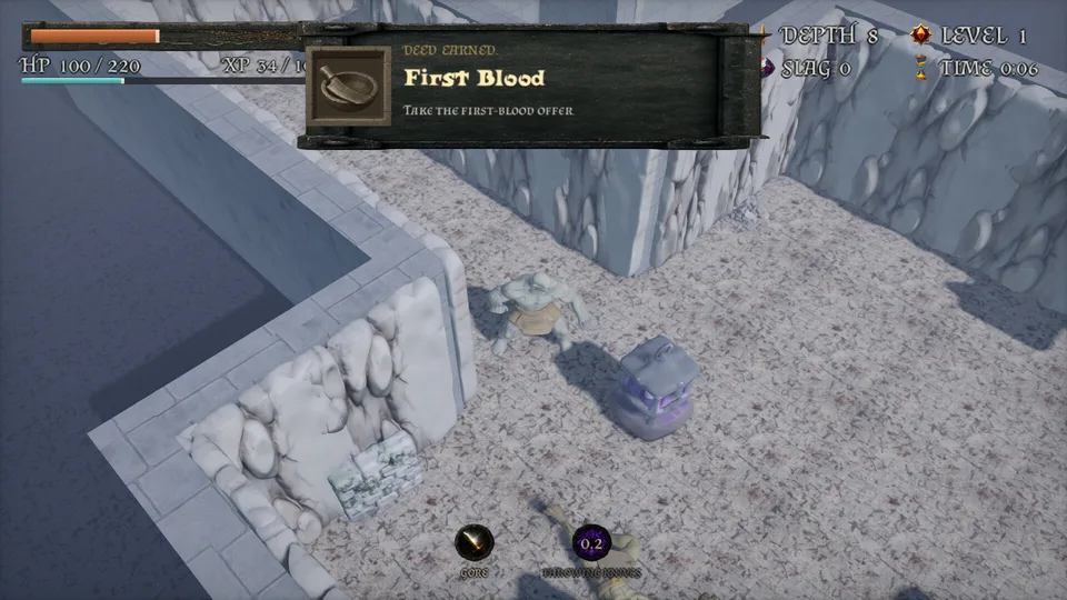 Depth 8: a walled chamber, the First Blood deed notice at the top