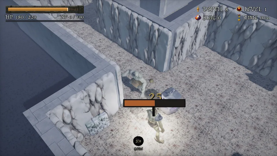 Depth 8: the hero fighting in a corridor, a health bar over a foe