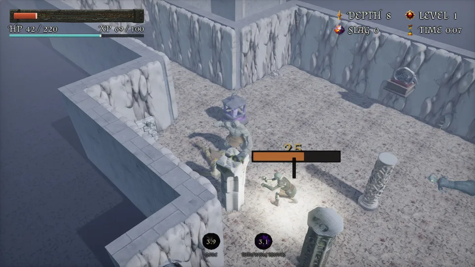 Depth 8 at low health: the hero by a pillar with a foe close