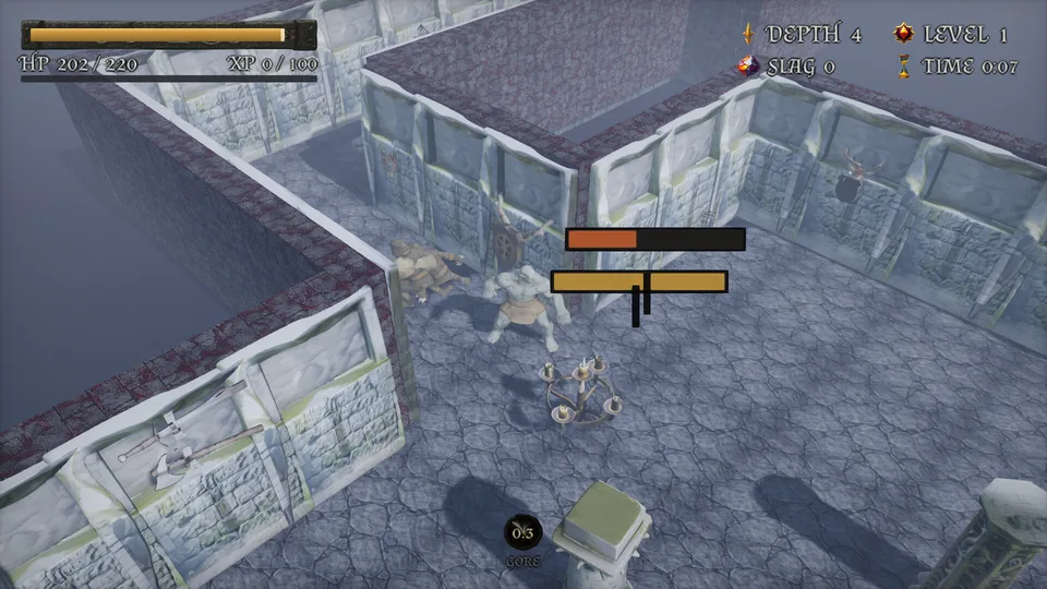 Depth 4: a chamber of pillars and candle stands, two foes with health bars