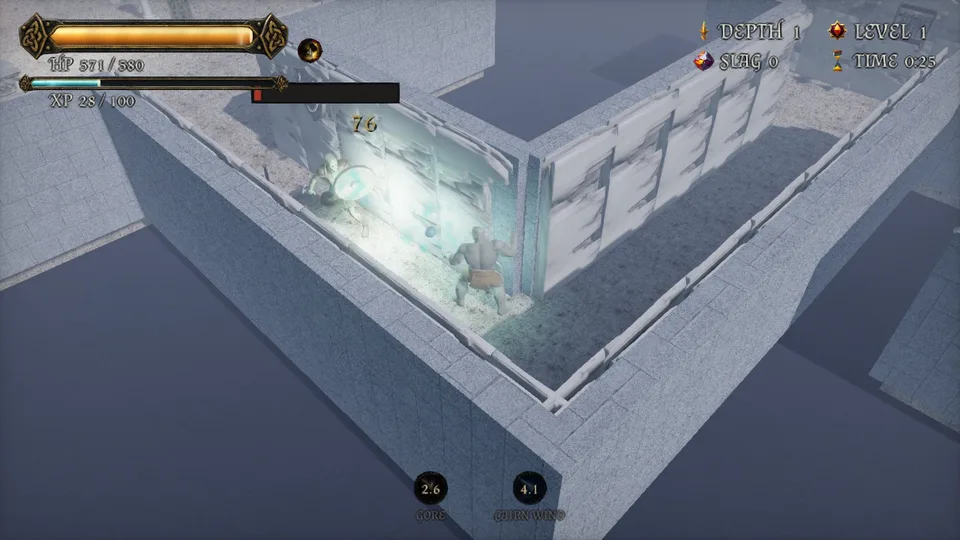 Depth 1, TIME 0:25: the hero fighting the guardian, its health bar down to a quarter