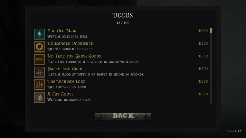 The DEEDS screen of the same account: No Time for Grave-Goods held