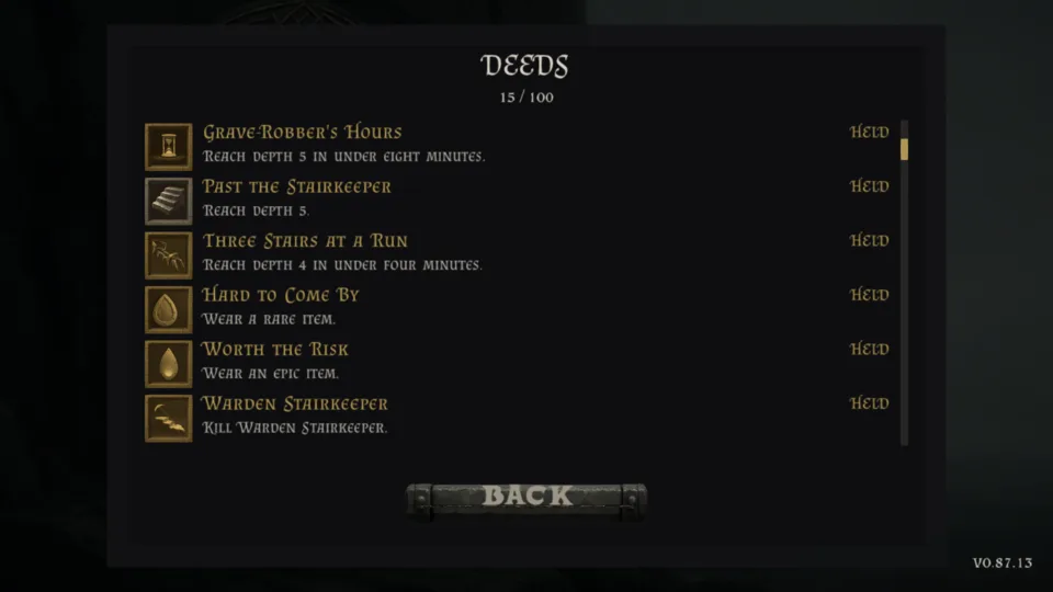 The DEEDS screen of the same account: Grave-Robber's Hours at the top, held