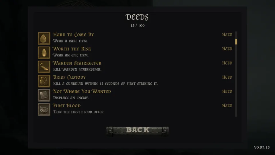 The DEEDS screen of the same account: Brief Custody held