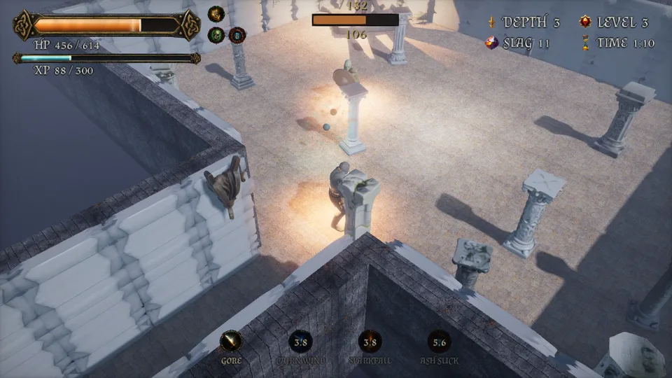 Depth 3, TIME 1:10 on the HUD: the hero fighting among pillars