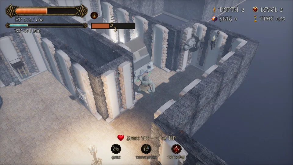 Depth 2: the Spike Pit notice, 19 HP, the hero and the guardian in the corridor behind the wall