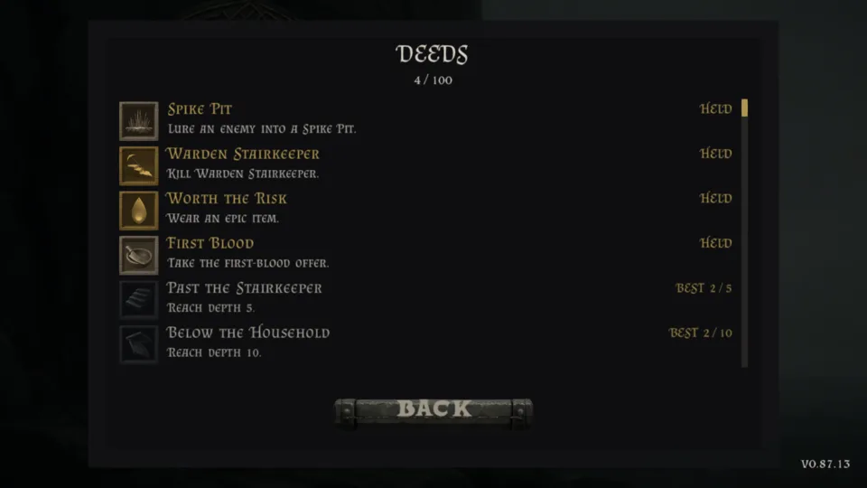The DEEDS screen of the same account: Spike Pit held, 4 of 100