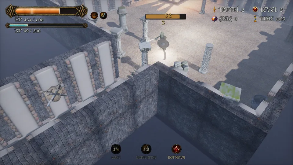 Depth 2: the hero fighting the guardian among pillars