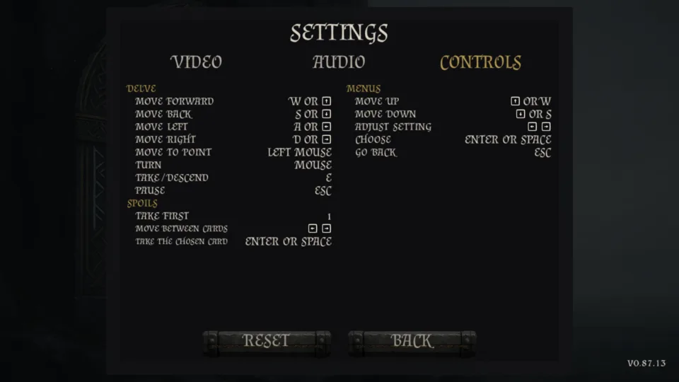 SETTINGS, CONTROLS page: DELVE, SPOILS and MENUS bindings for keyboard and mouse