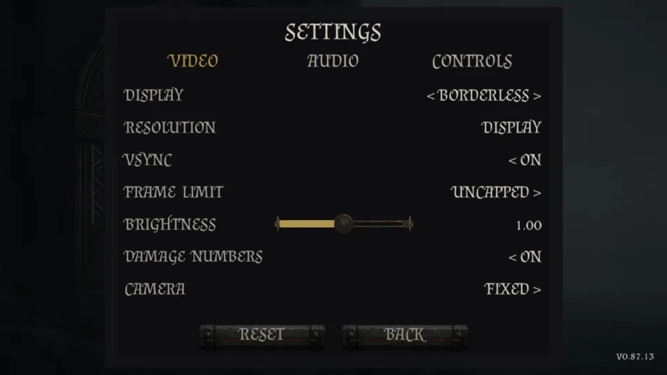 SETTINGS, VIDEO page: Display, Resolution, VSync, Frame limit, Brightness, Damage numbers, Camera