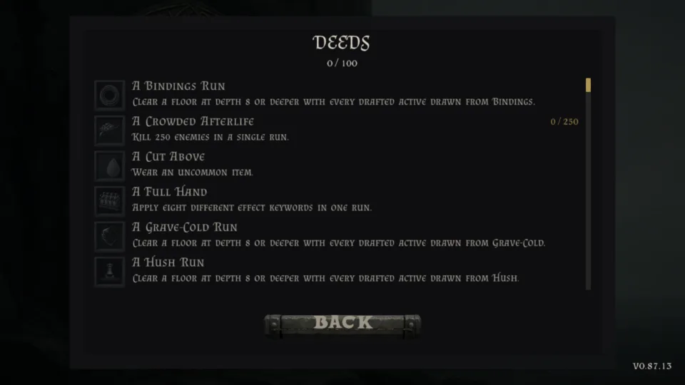 The DEEDS list: 0 / 100 held, the first rows with their conditions