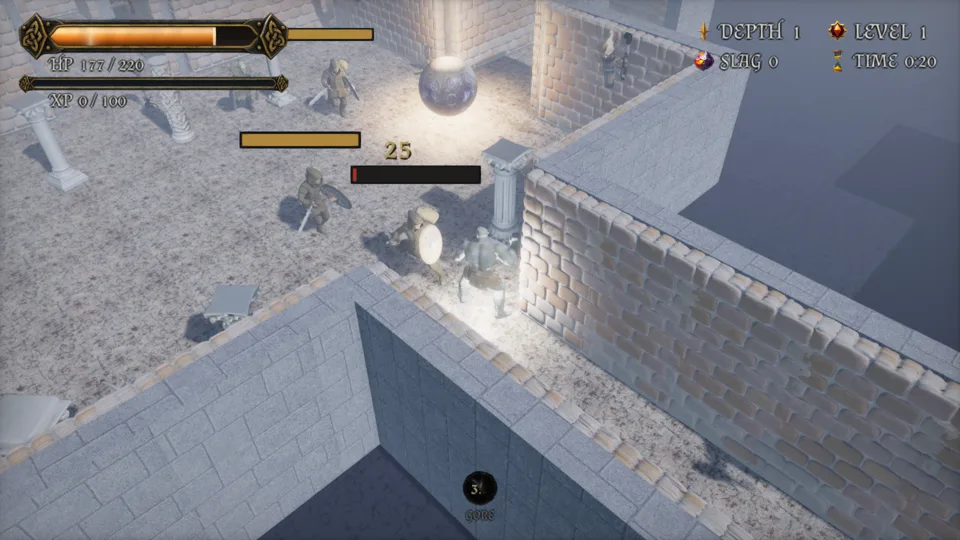 Depth 1 at 0:20: the hero at a wall among three foes, a 25 over one of them, Gore's cooldown circle at the bottom