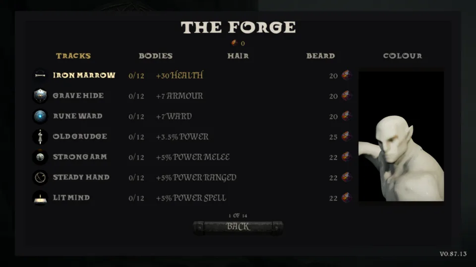 THE FORGE on a new account: the TRACKS page from Iron Marrow to Lit Mind at rank 0 of 12, with prices, and the hero's preview