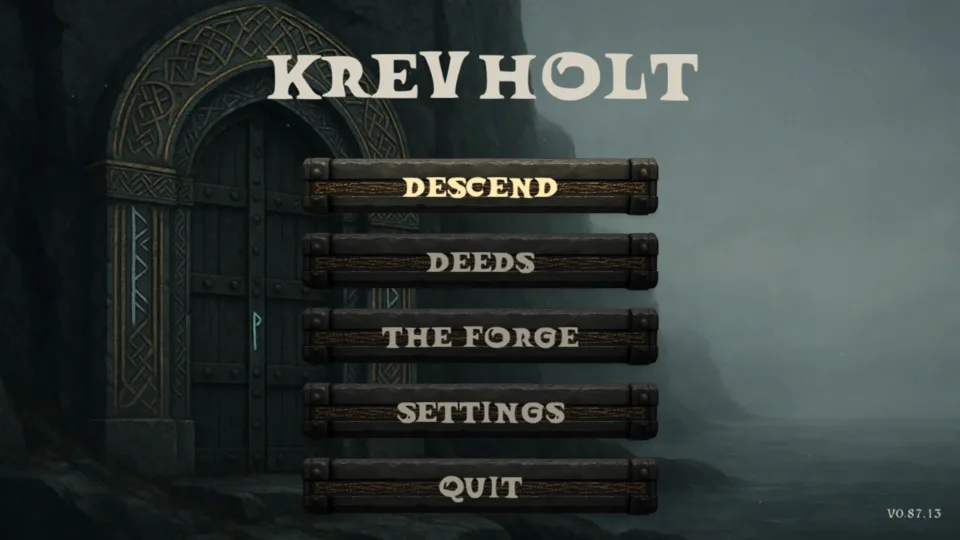 The title menu: DESCEND, DEEDS, THE FORGE, SETTINGS, QUIT, with the version in the corner