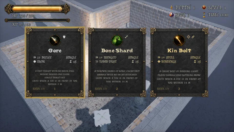 The opening offer on depth 1: Gore, Bone Shard and Kin Bolt, each at rank 1 of 5