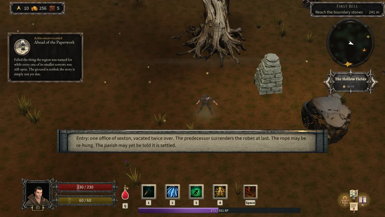 Achievement recorded: Ahead of the Paperwork, with the hero at level 10 and 230 of 230 life