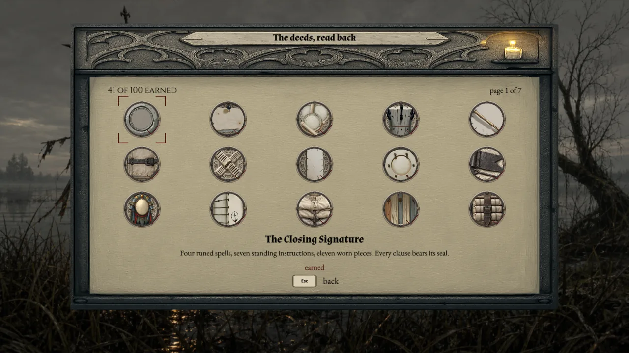 The Closing Signature shown as earned after the legal rune selections