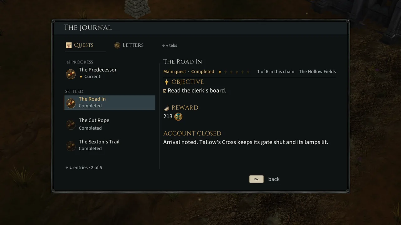 The Journal before the Old Sexton fight: The Predecessor in progress, The Road In, The Cut Rope and The Sexton's Trail settled, no side story