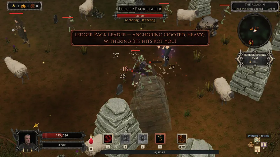 A Ledger Pack Leader with the affixes anchoring and withering among its hands at the Shepherd's Cairn Field; its name and affixes in a banner, damage numbers over the fight