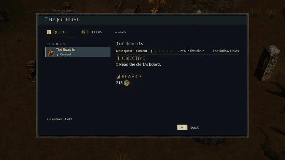 The journal open on the Quests tab at the start of a journey, The Road In current