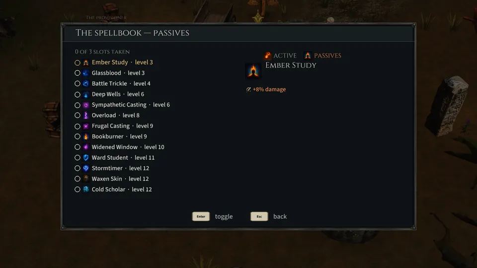 The PASSIVES tab of the spellbook at level 20, the list on the left and one passive's effect on the right