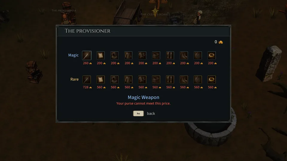 The provisioner's window: a grid of item slots at magic and rare quality with their prices, and the purse in the corner