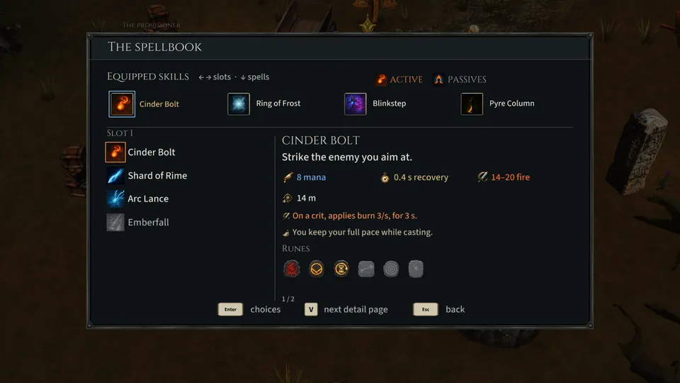 The spellbook at level 12: the four equipped slots, the spells of one slot, and the right page with a spell's cost, recovery, damage, reach and runes