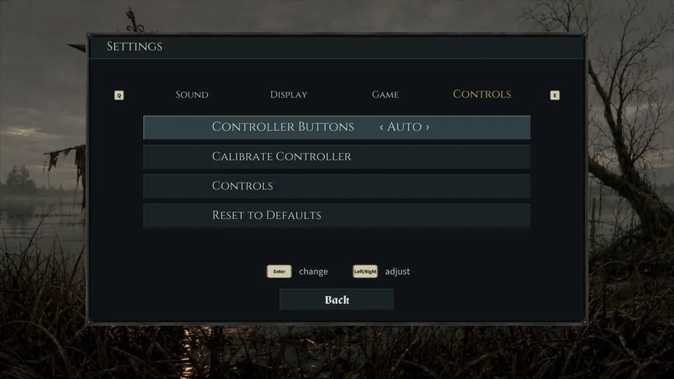 Settings, Controls page: Controller Buttons Auto, Calibrate Controller, Controls, Reset to Defaults