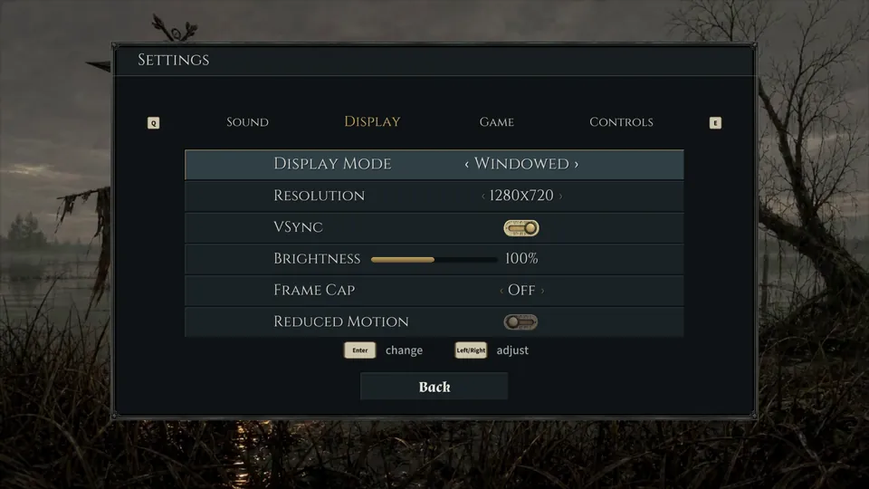 Settings, Display page: Display Mode, Resolution, VSync, Brightness, Frame Cap, Reduced Motion