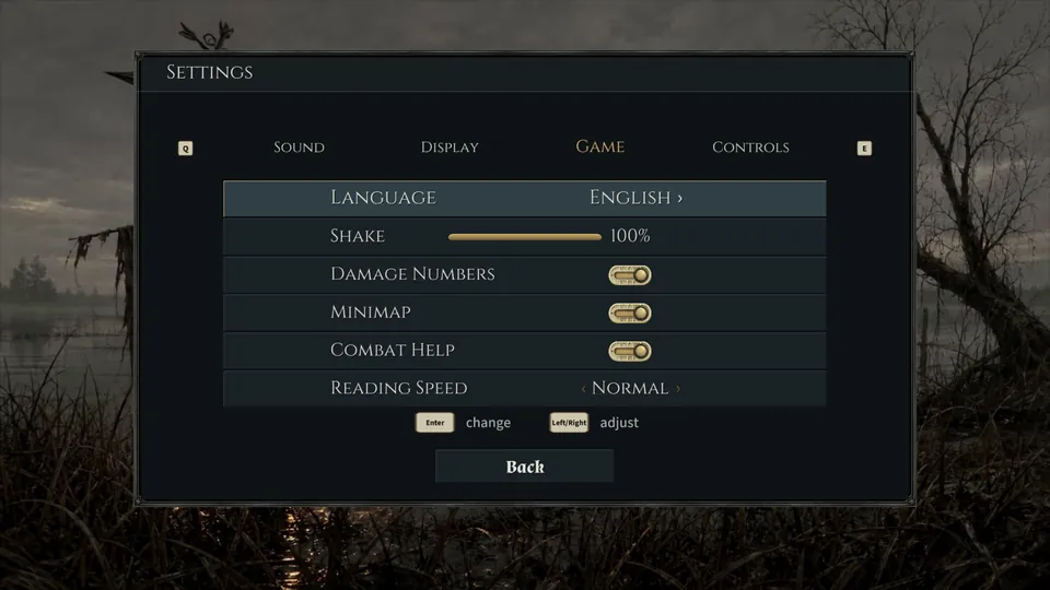 Settings, Game page: Language English, Shake 100%, Damage Numbers, Minimap, Combat Help on, Reading Speed Normal