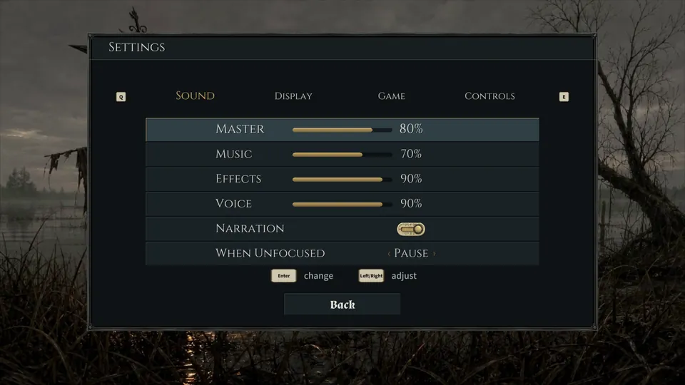 Settings, Sound page: Master 80%, Music 70%, Effects 90%, Voice 90%, Narration on, When Unfocused Pause