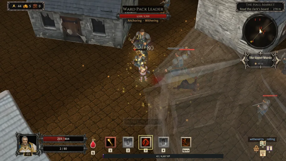 A Vowbound at level 44 fighting a Ward Pack Leader on the cobbles of the Upper Wards