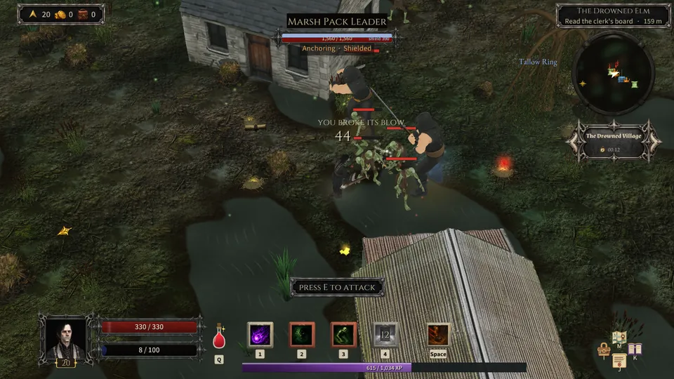 A Gravecaller at level 20 fighting a Marsh Pack Leader and its hands between the cottages of the Drowned Village