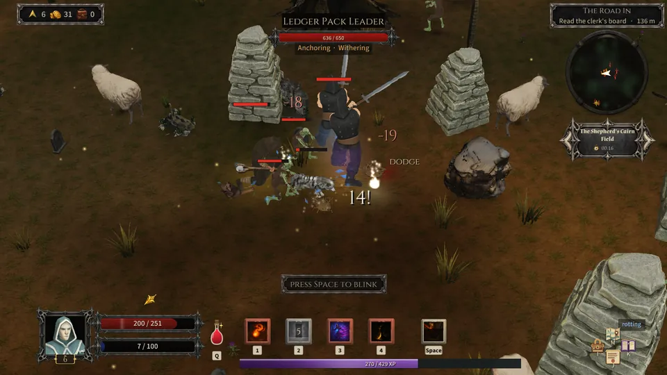A Magus at level 6 fighting a Ledger Pack Leader and its hands among the cairns and sheep of the Shepherd's Cairn Field