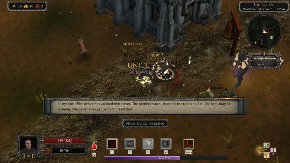 A Warden at level 14 by the chapel at the Chapel Forecourt, the unique Widow's Bell dropping beside him and the narrator's line in a card