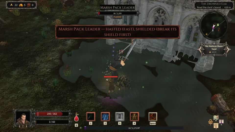 A Huntsman at level 22 at the Sunken Chapel Yard, the banner naming a Marsh Pack Leader and its affixes